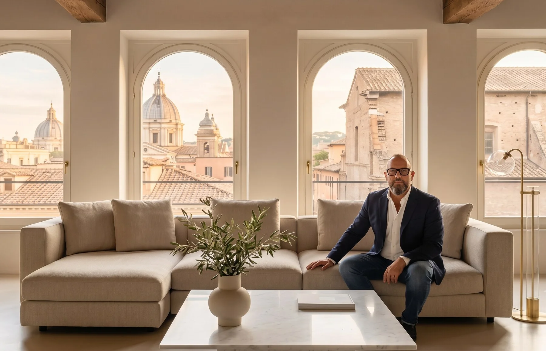 Alessandro D'Arcadia, fondatore di D'Arcadia Property Management, in un appartamento con vista sulle cupole di Roma